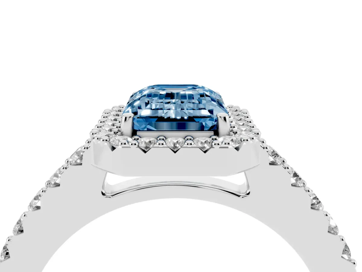 Fancy Blue Emerald Cut Halo Diamond Pavé Solitaire Ring Platinum