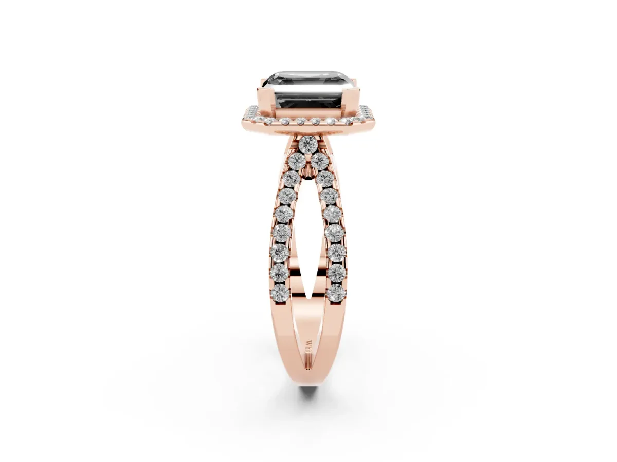 Fancy Black Asscher Cut Diamond Halo Ring with Split Shank Pavé Band and Prong Setting Rose gold