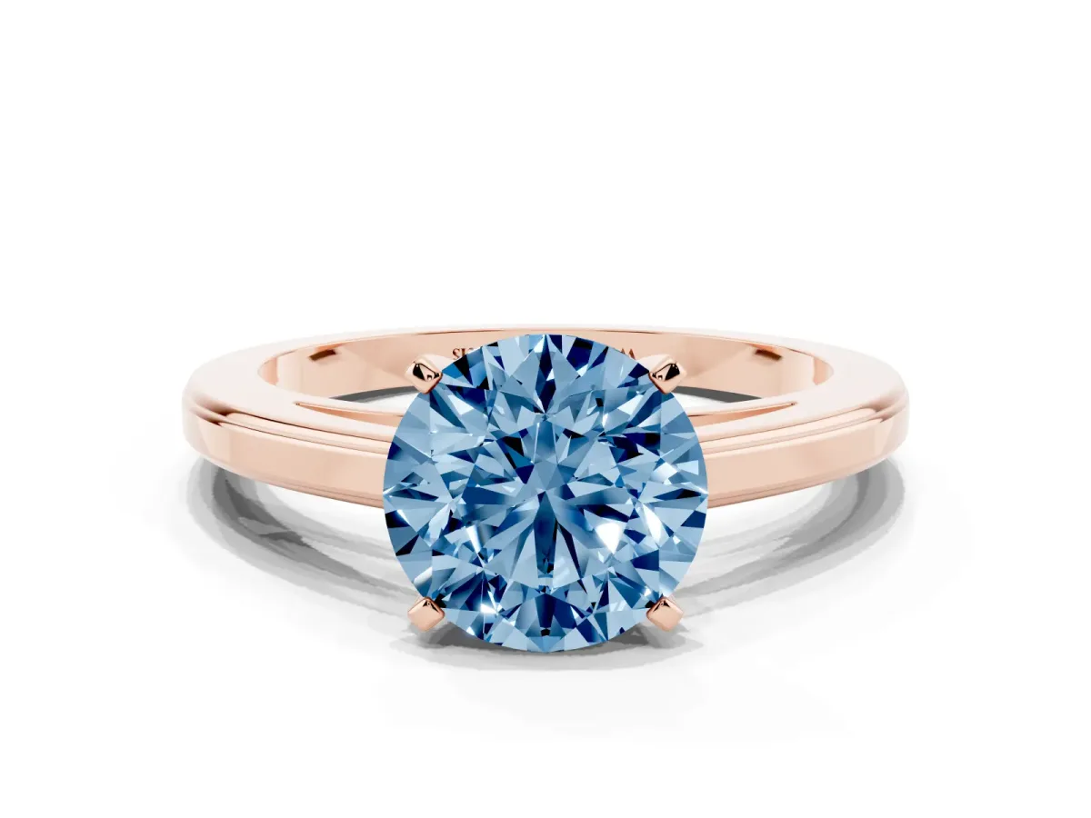 Fancy Blue Round Cut Solitaire Diamond Ring with Four-Prong Setting and Classic Band Rose gold