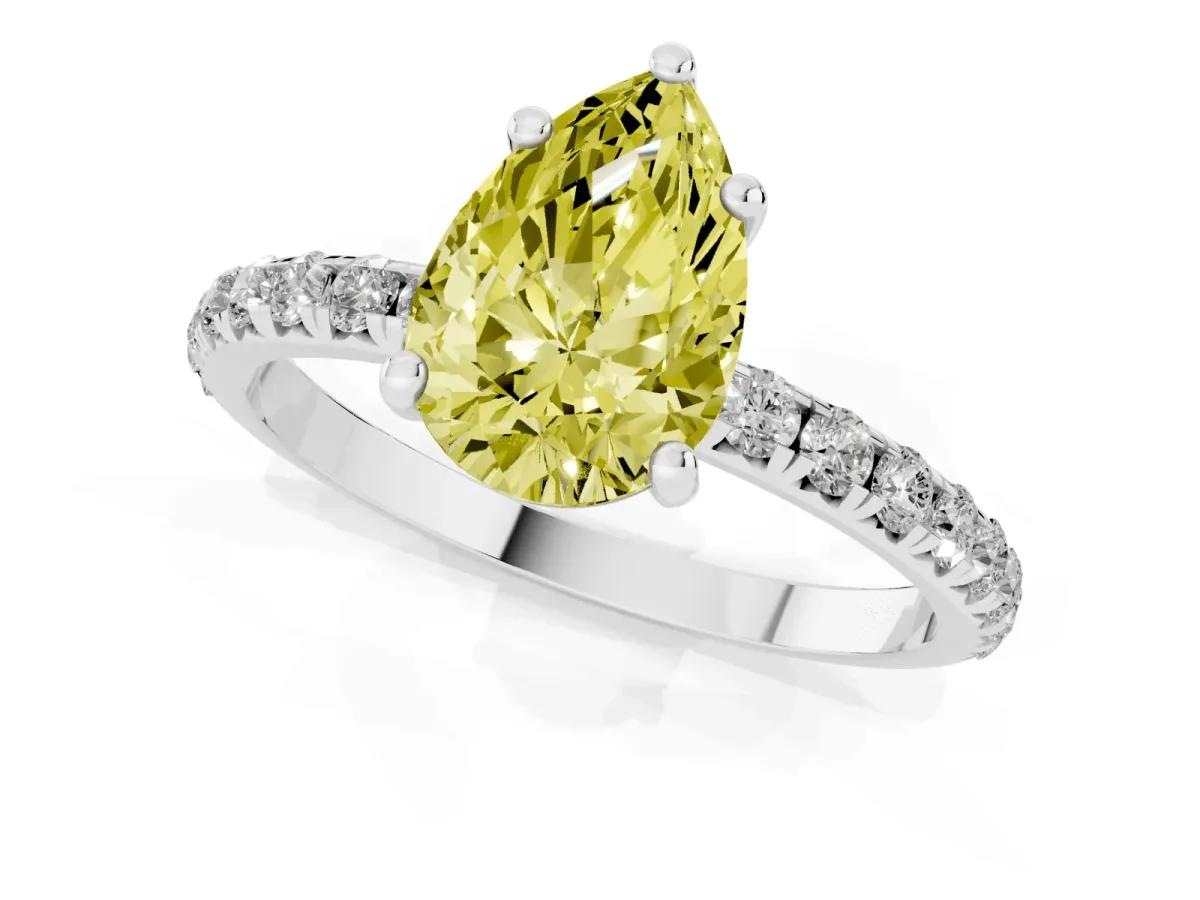 Fancy Yellow Pear Cut Cut Diamond Solitaire Ring with Micro Pave Band and Four Prong Setting Silver