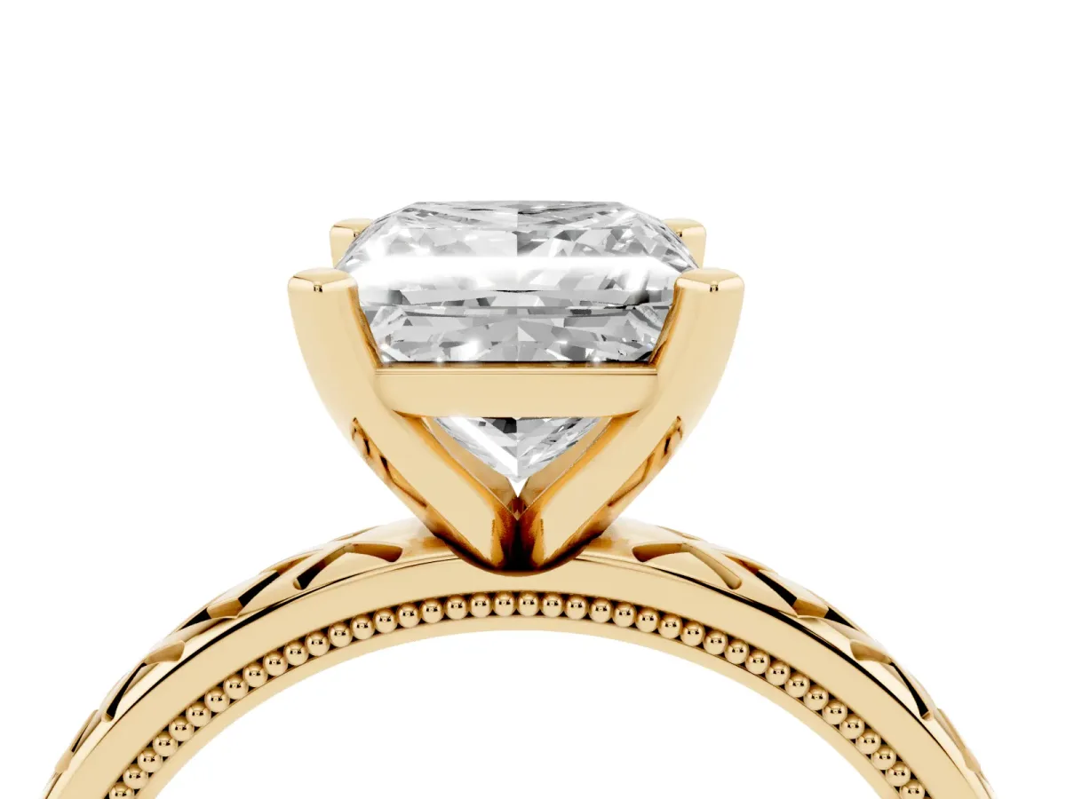 Princess Cut Solitaire Diamond Ring with Milgrain and Black Enamel X Pattern Band Yellow gold