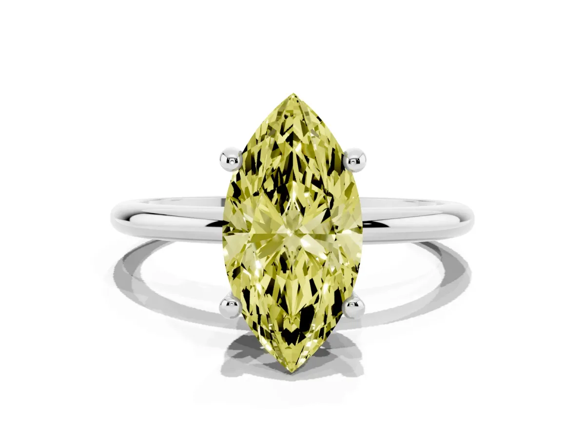 Fancy Yellow Marquise Cut Solitaire Diamond Ring with 4-Prong Setting on a Classic Band Silver