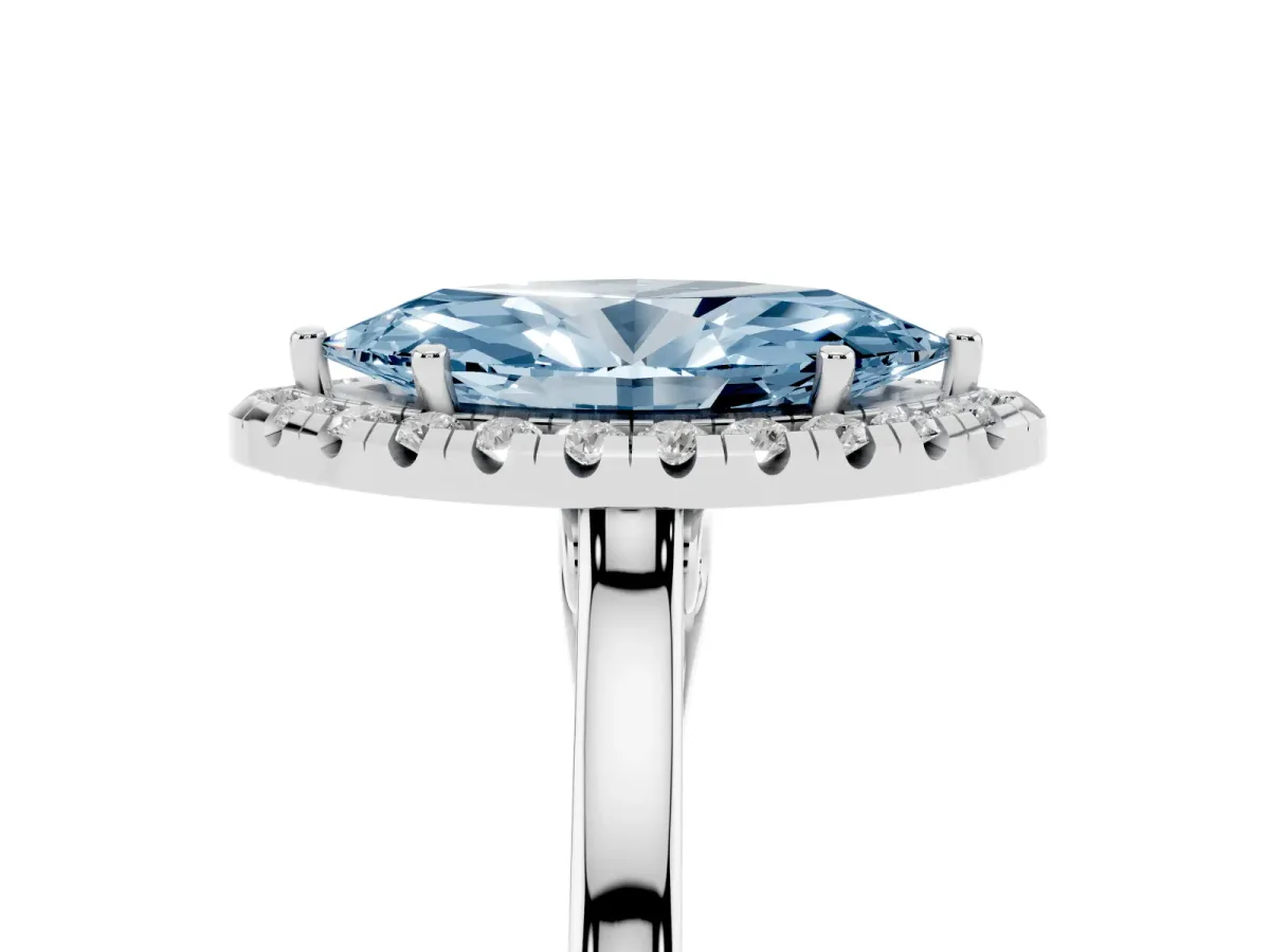Fancy Blue Marquise Cut Halo Round Diamond Solitaire Ring with Pavé Band and Four-Prong Setting Silver