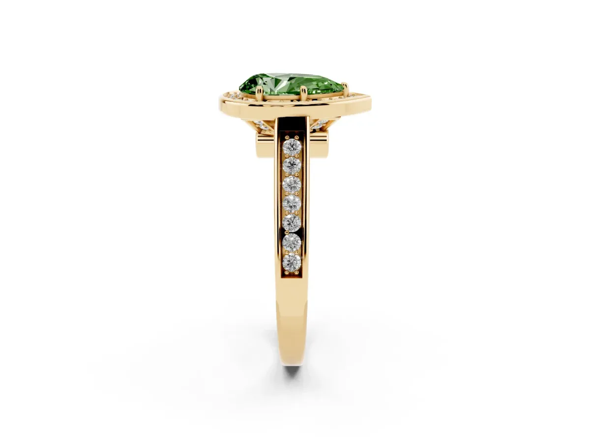 Fancy Green Pear Cut Halo Solitaire Diamond Ring with Pave Band and Bezel Setting Yellow gold