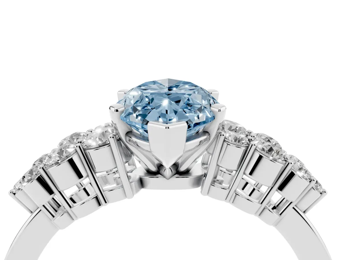Fancy Blue Marquise Cut Cluster Diamond Engagement Ring with Pavé Band and Four-Prong Setting Silver