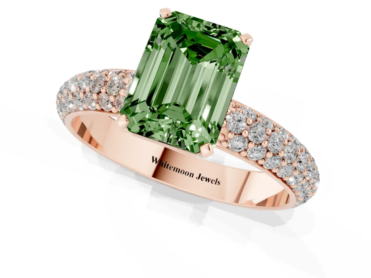 Fancy Green Emerald Cut Diamond Solitaire Ring with Prong Setting and Pavé Band Rose gold