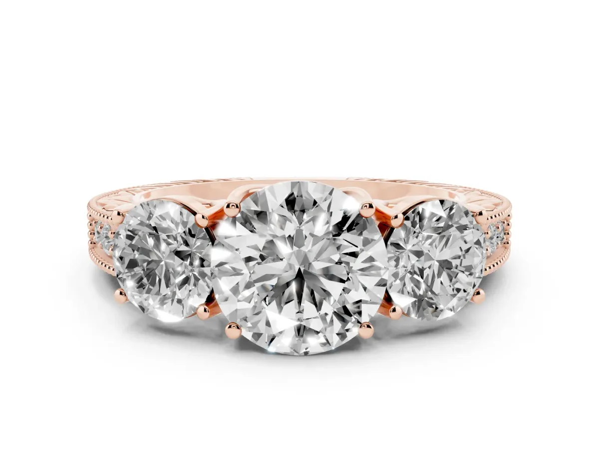 Three-Stone Round Cut Cut Milgrain Pavé Engagement Ring Rose gold