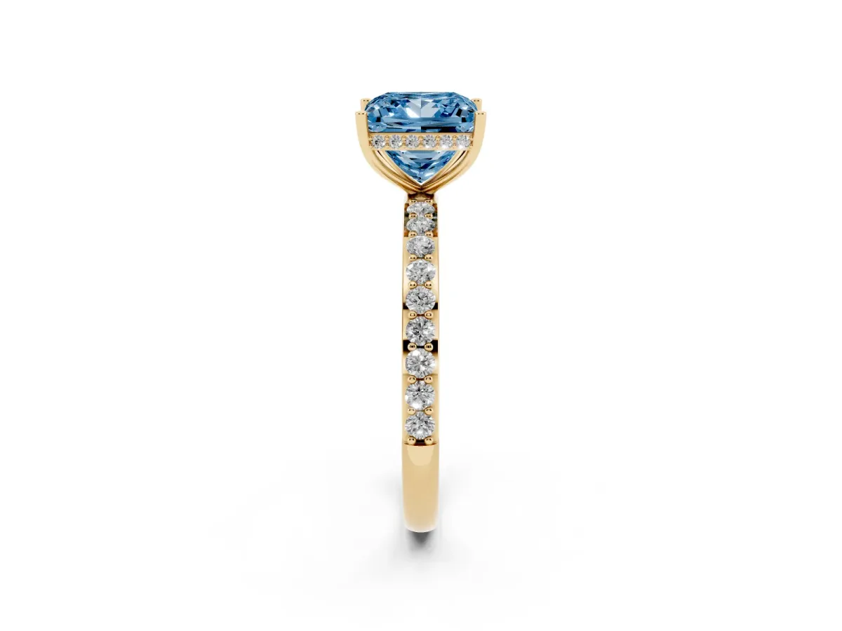 Fancy Blue Princess Cut Diamond Solitaire Ring with Pavé Band and Hidden Halo Yellow gold