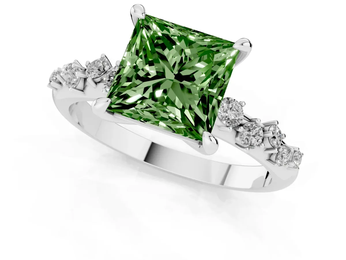Fancy Green Princess Cut Cut Diamond Vine Band with Four-Prong Setting Silver