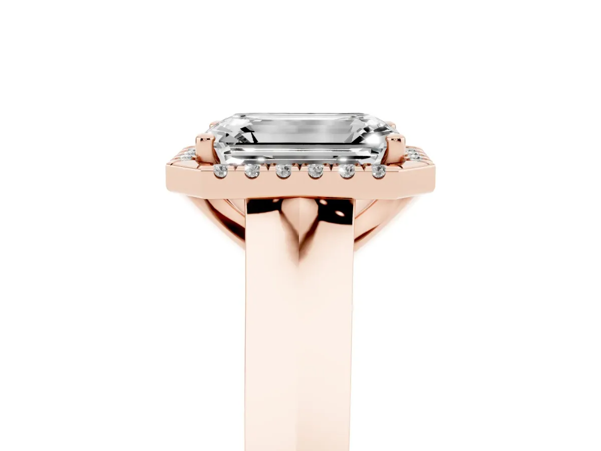 Emerald Cut Halo Diamond Ring with Cathedral Band and Four-Prong Setting Rose gold