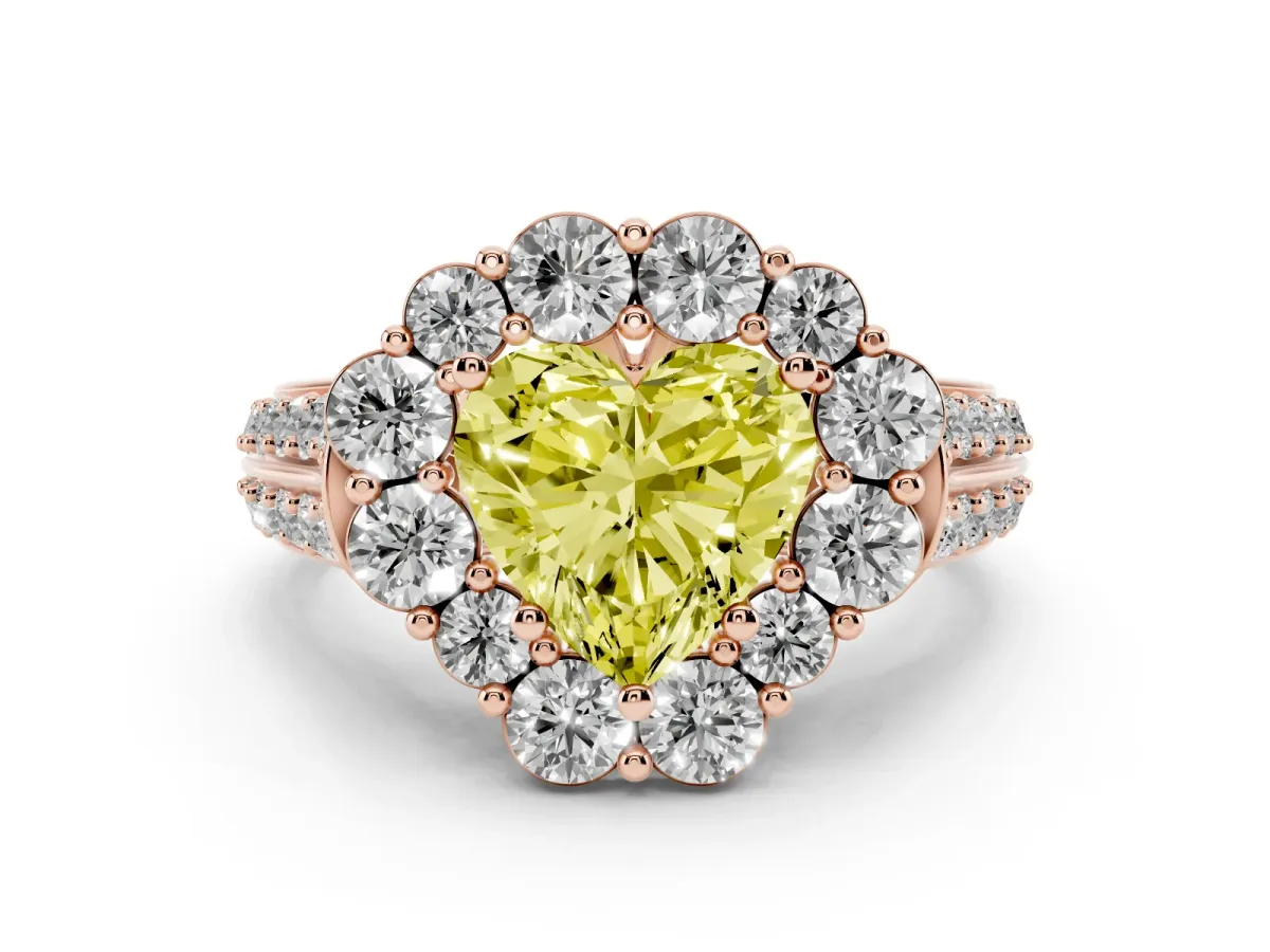 Fancy Yellow Heart Cut Halo Diamond Engagement Ring with Split Shank and Prong Setting Rose gold