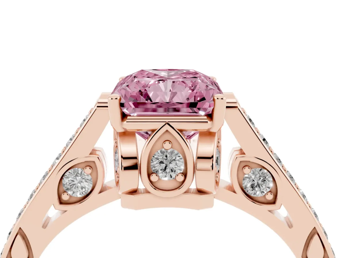 Fancy Pink Radiant Cut Cut Cathedral Pave Diamond Engagement Ring with Six-Prong Setting Rose gold
