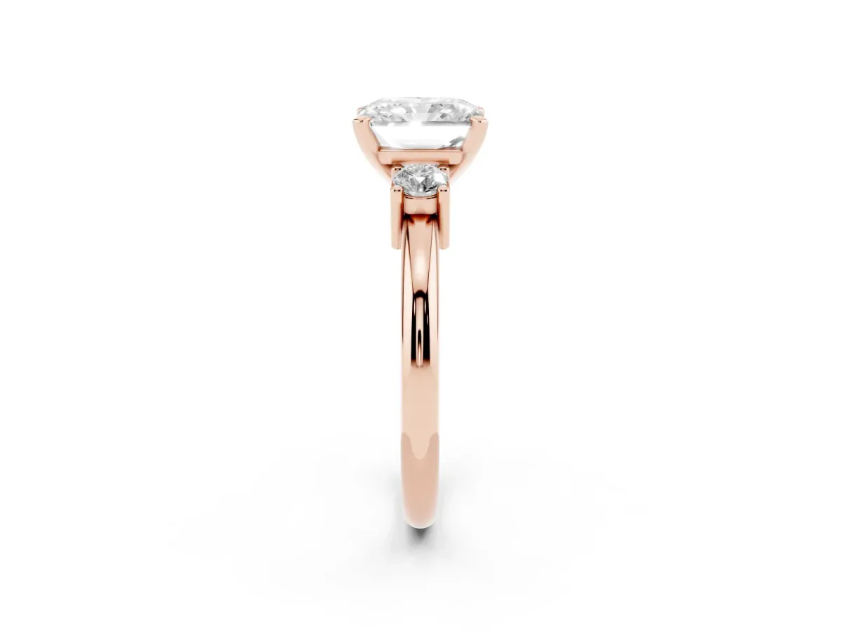 Three-Stone Radiant Cut Cut Diamond Solitaire with Prong Setting and Classic Band Rose gold