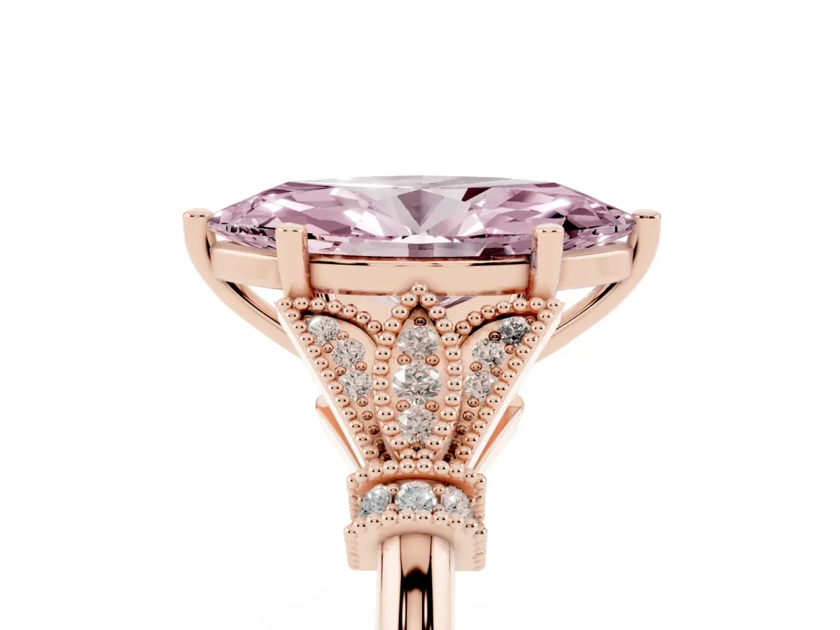 Fancy Pink Marquise Cut Diamond Solitaire Ring with Floral Filigree and Pave Accents Rose gold