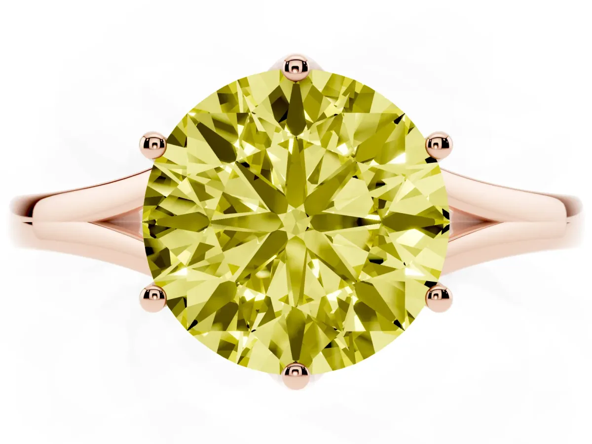 Fancy Yellow Round Cut Solitaire Diamond Ring with Six-Prong Setting and Tapered Band Rose gold