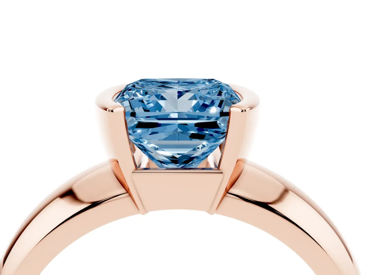 Fancy Blue Princess Cut Solitaire Tension Set Diamond Ring with Wide Band Rose gold