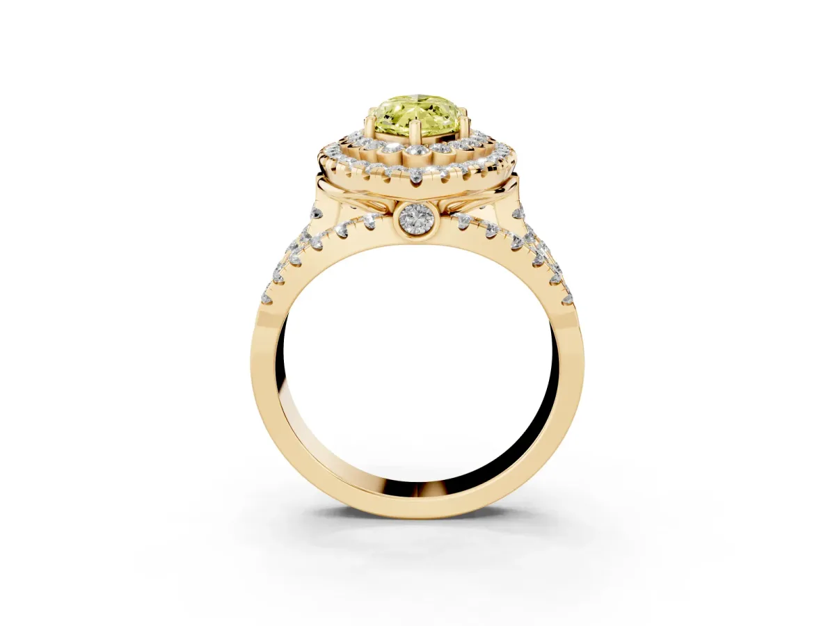 Fancy Yellow Marquise Cut Diamond Double Halo Ring with Round Pavé Split Shank and Prong Setting Yellow gold