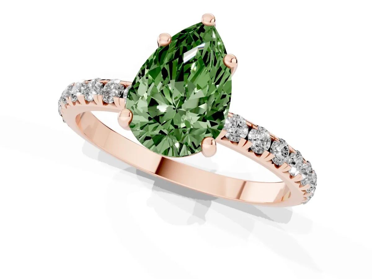 Fancy Green Pear Cut Cut Diamond Solitaire Ring with Micro Pave Band and Four Prong Setting Rose gold