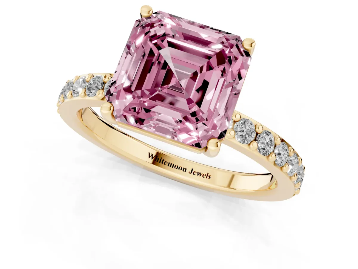 Fancy Pink Asscher Cut Cut Diamond Solitaire with Pave Band and Four-Prong Setting Yellow gold