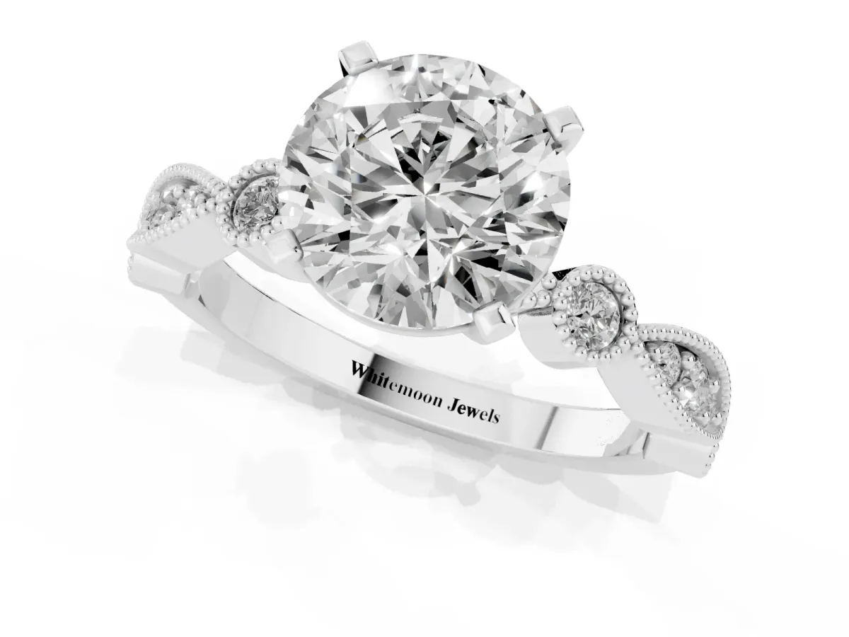 Round Cut Milgrain Bezel Diamond Engagement Ring with Solitaire Prong Setting Silver