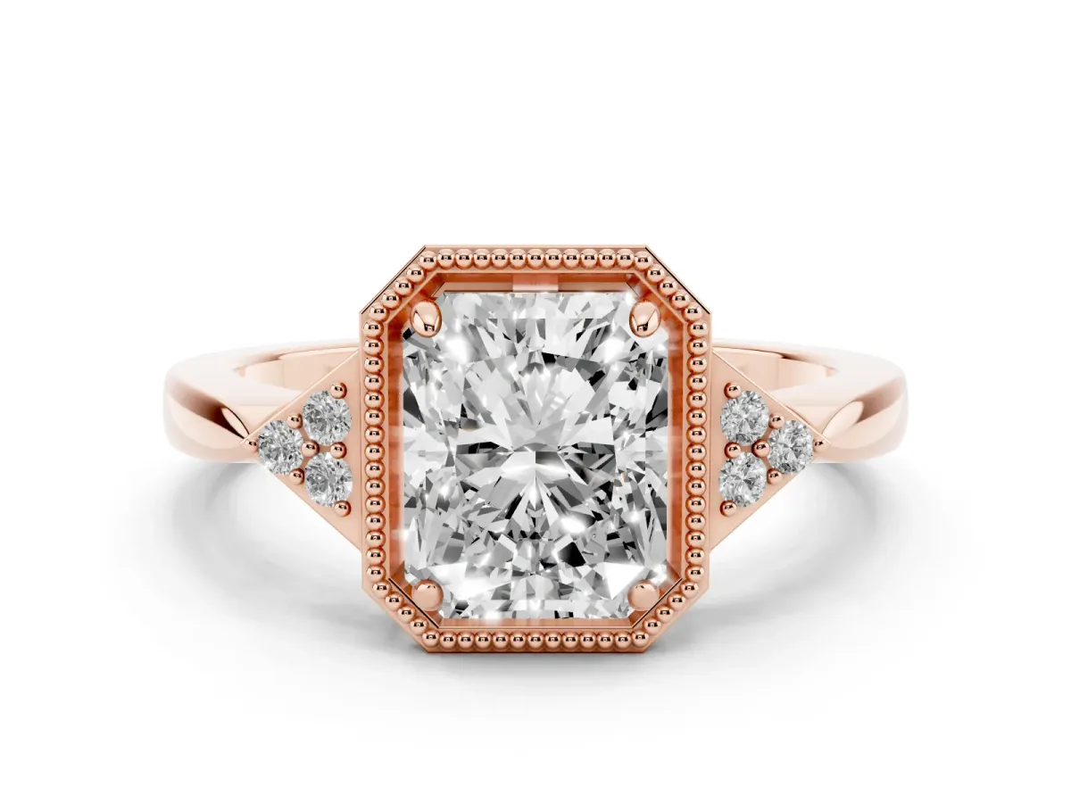 Hexagonal Halo Radiant Cut Diamond Solitaire with Pavé Band and Four-Prong Setting Rose gold