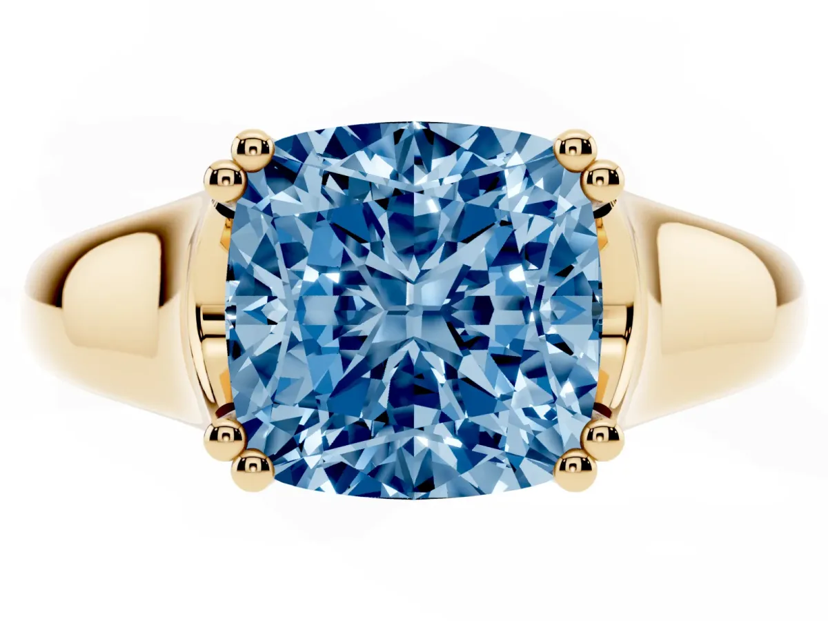Fancy Blue Cushion Cut Diamond Solitaire Ring with Wide Band and Prong Setting Yellow gold