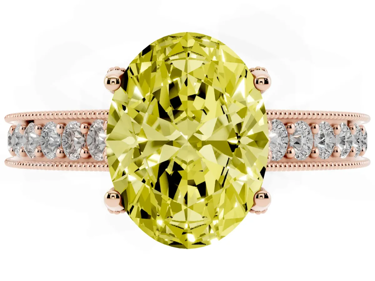 Fancy Yellow Oval Cut Cut Diamond Solitaire Ring with Milgrain Pave Band and Four Prong Setting Rose gold