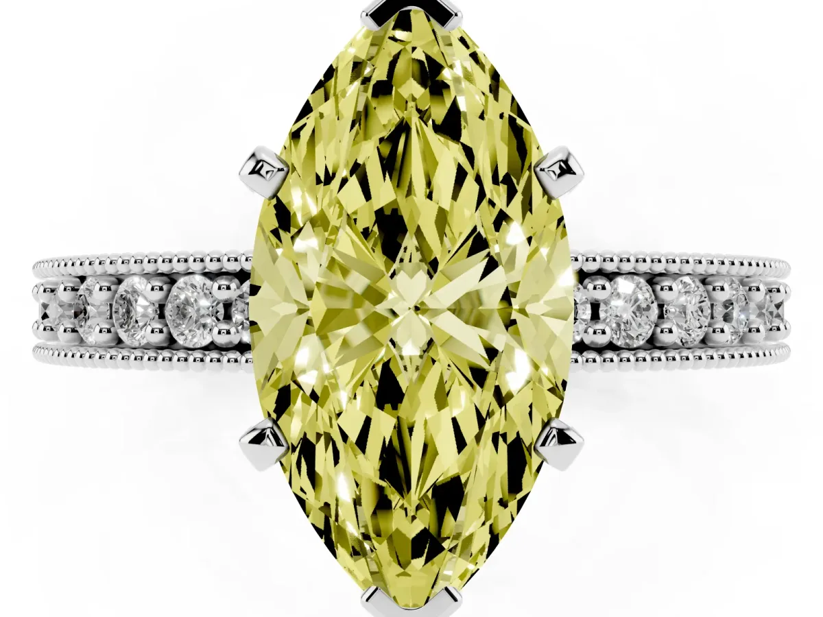 Fancy Yellow Marquise Cut Diamond Milgrain Pavé Engagement Ring with Four-Prong Setting Silver