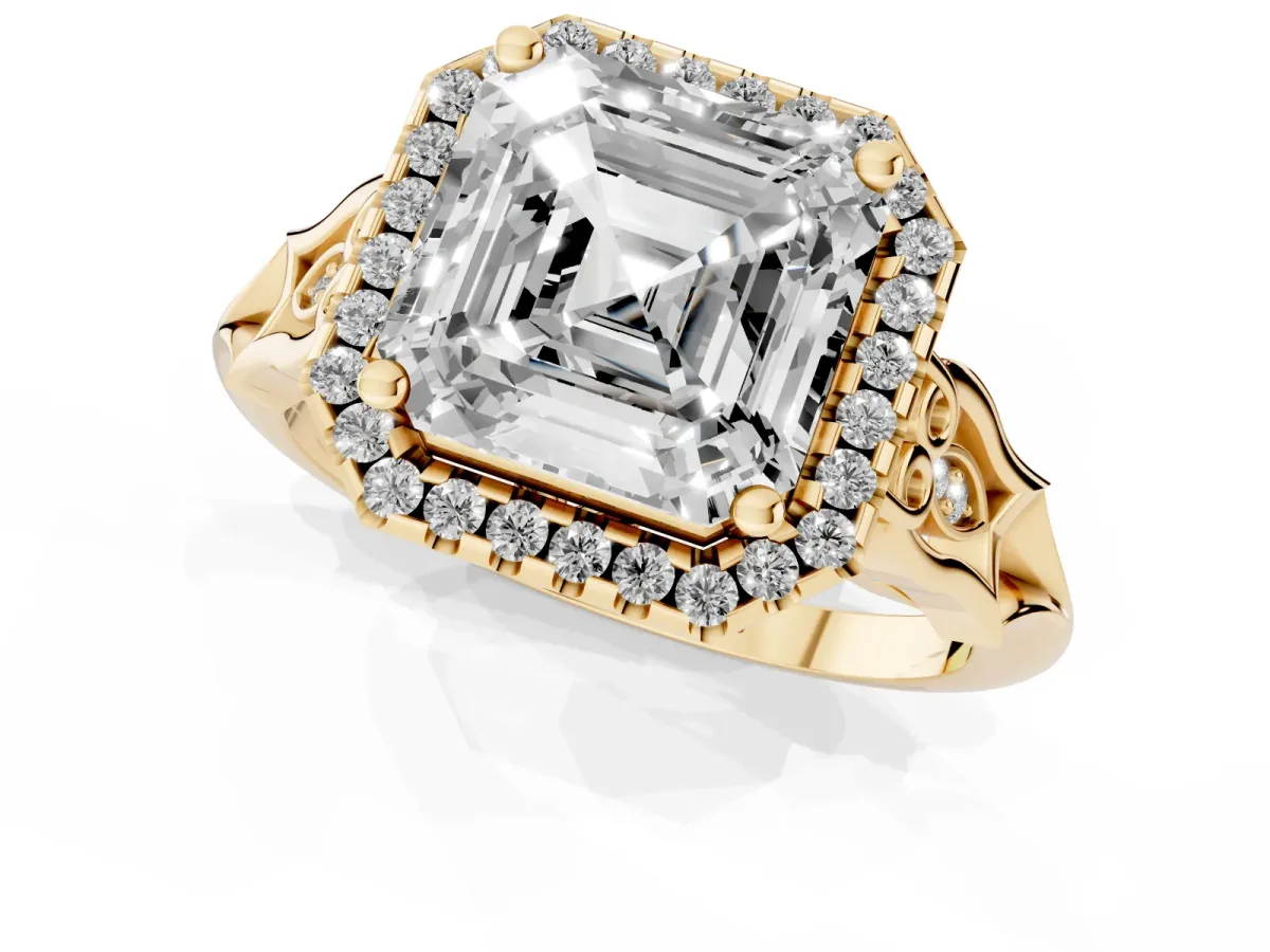 Asscher Cut Halo Diamond Engagement Ring with Filigree Band and Four-Prong Setting Yellow gold