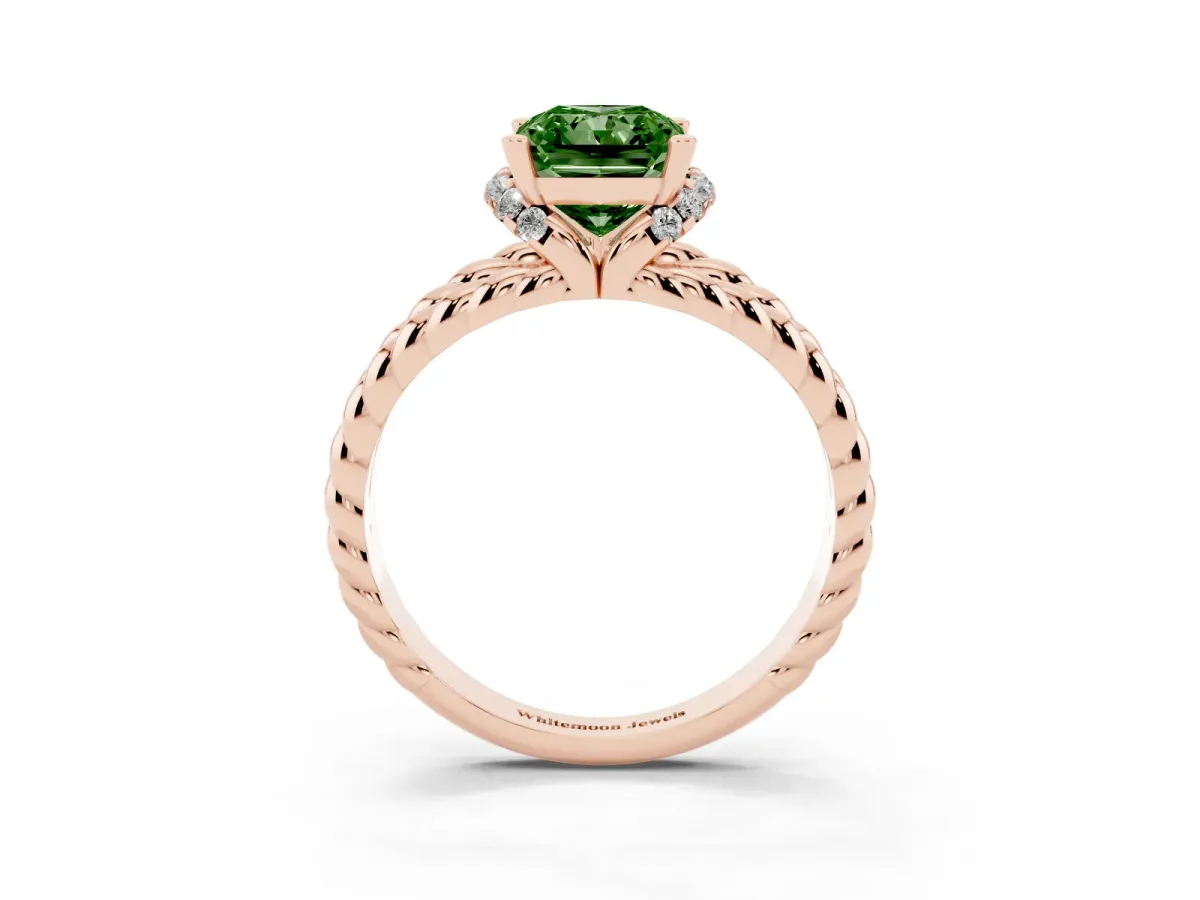 Fancy Green Radiant Cut Halo Twisted Band Four-Prong Ring Rose gold