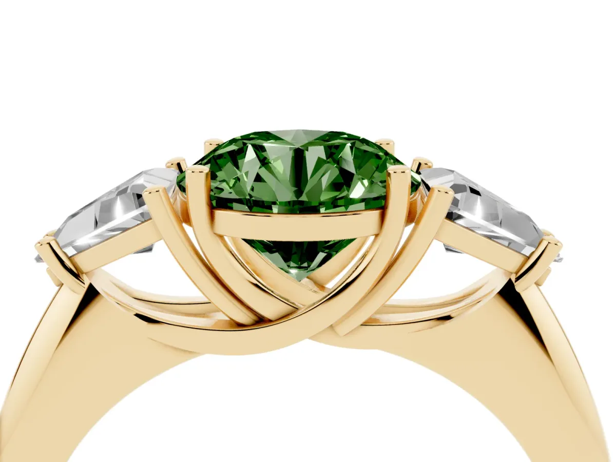 Fancy Green Three-Stone Round Cut Diamond Engagement Ring with Trillion Side Stones and Prong Setting Yellow gold