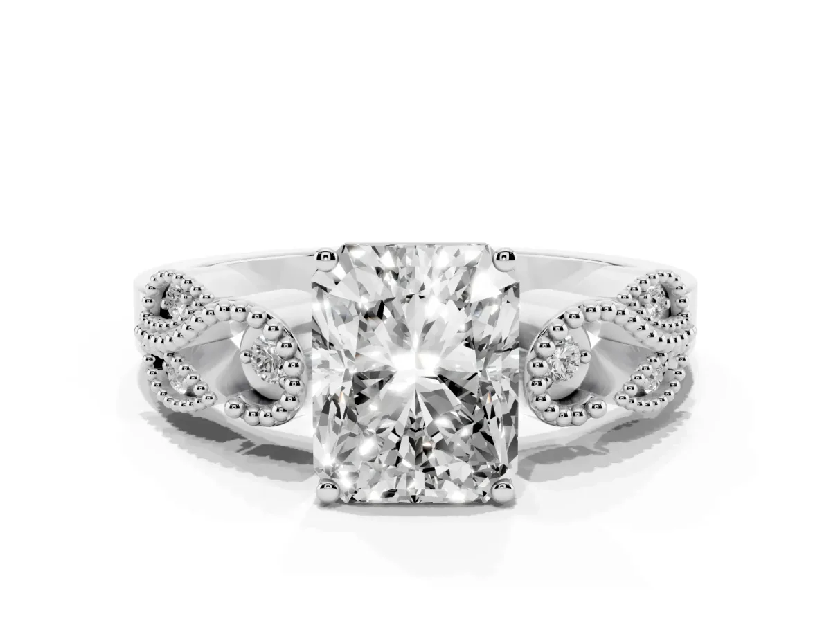 Radiant Cut Solitaire Milgrain Leaf Band with Prong Setting White gold