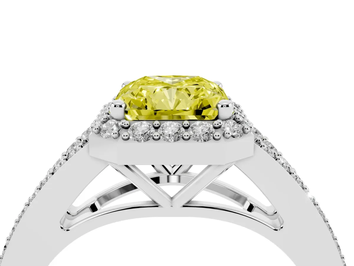 Fancy Yellow Radiant Cut Halo Split Shank Pave Diamond Ring with Four-Prong Setting Platinum