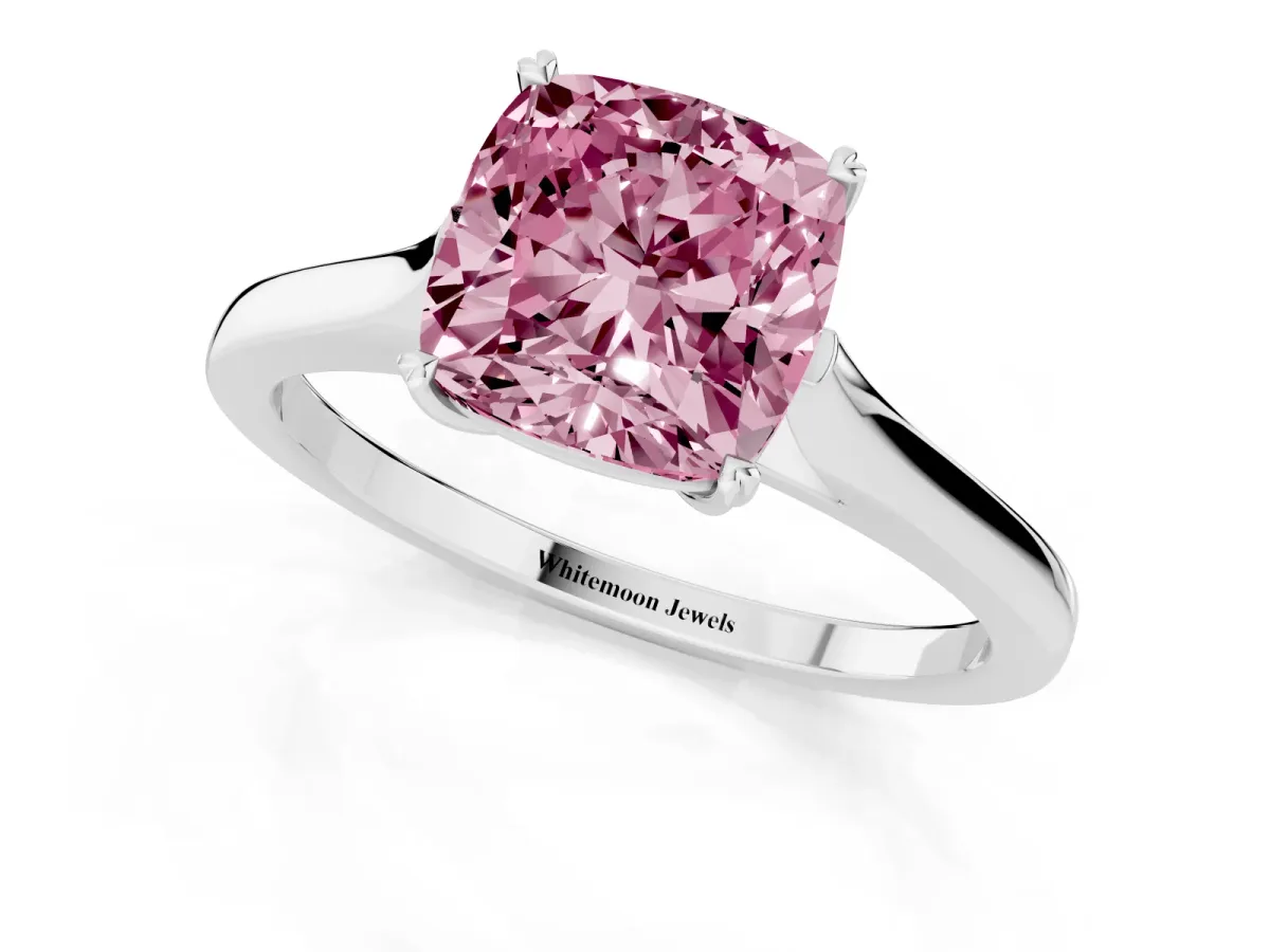 Fancy Pink Cushion Cut Solitaire Heart Prong Engagement Ring with Tapered Band Platinum