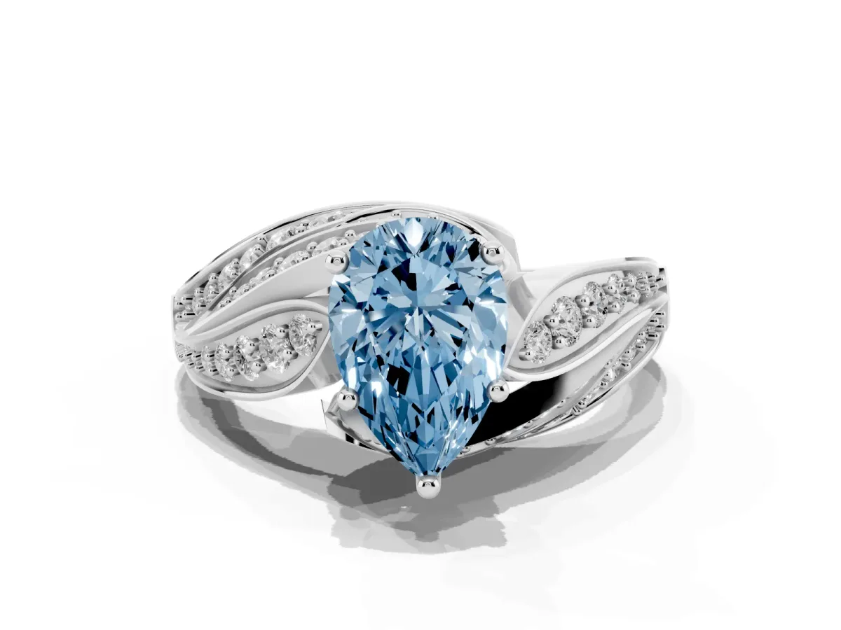 Fancy Blue Pear Cut Diamond Solitaire Ring with Prong Setting and Twisted Pavé Band Silver