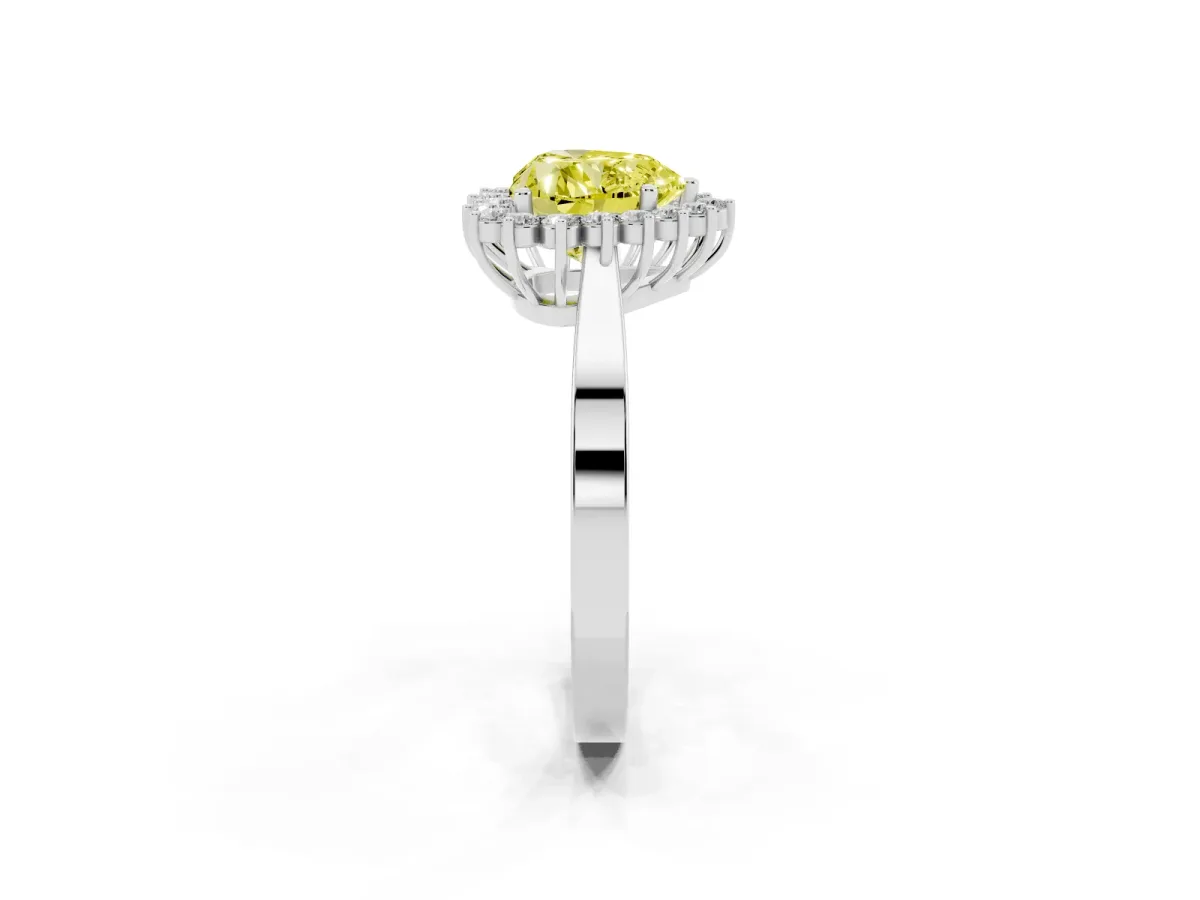 Fancy Yellow Heart Cut Cut Diamond Halo Ring with Round Brilliant Halo and Solitaire Band Silver