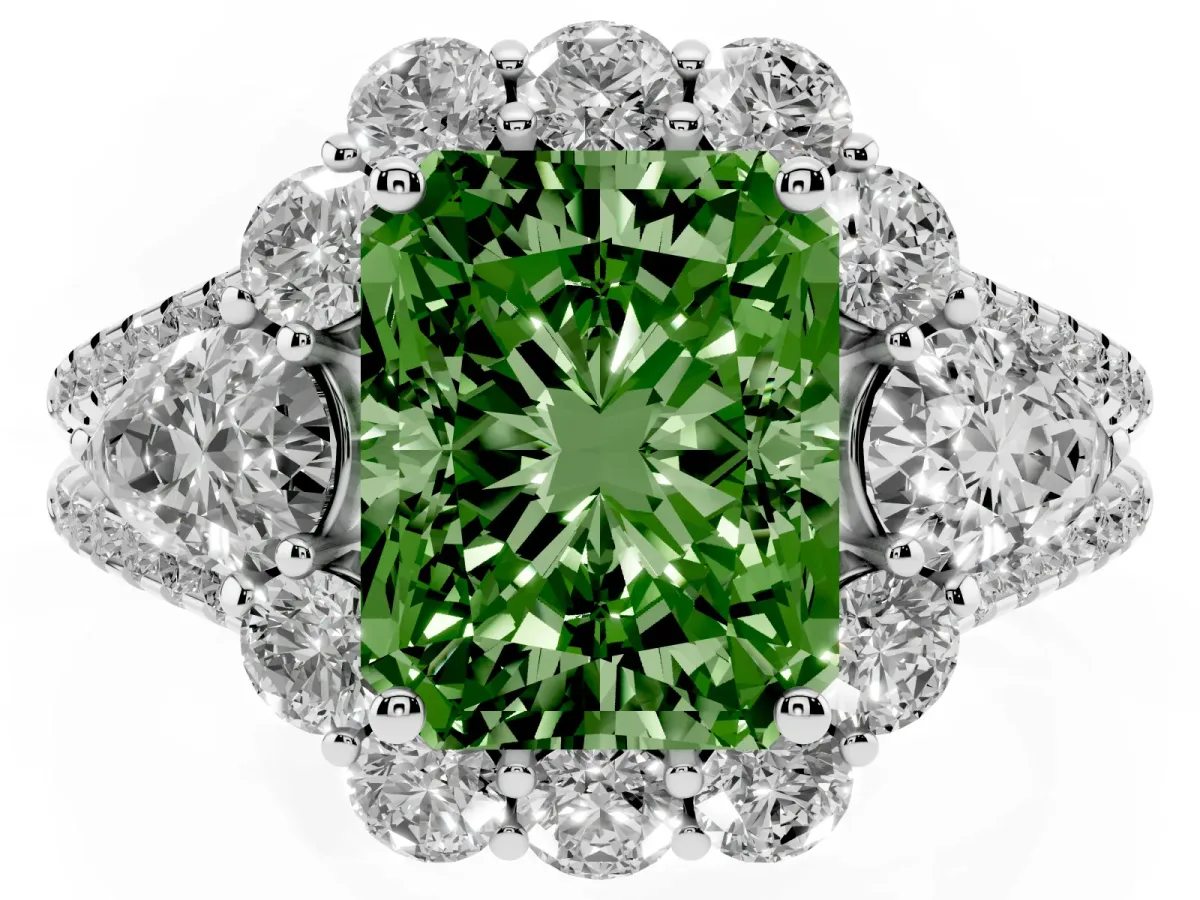 Fancy Green Radiant Cut Halo Split Shank Diamond Engagement Ring with Prong Setting Silver