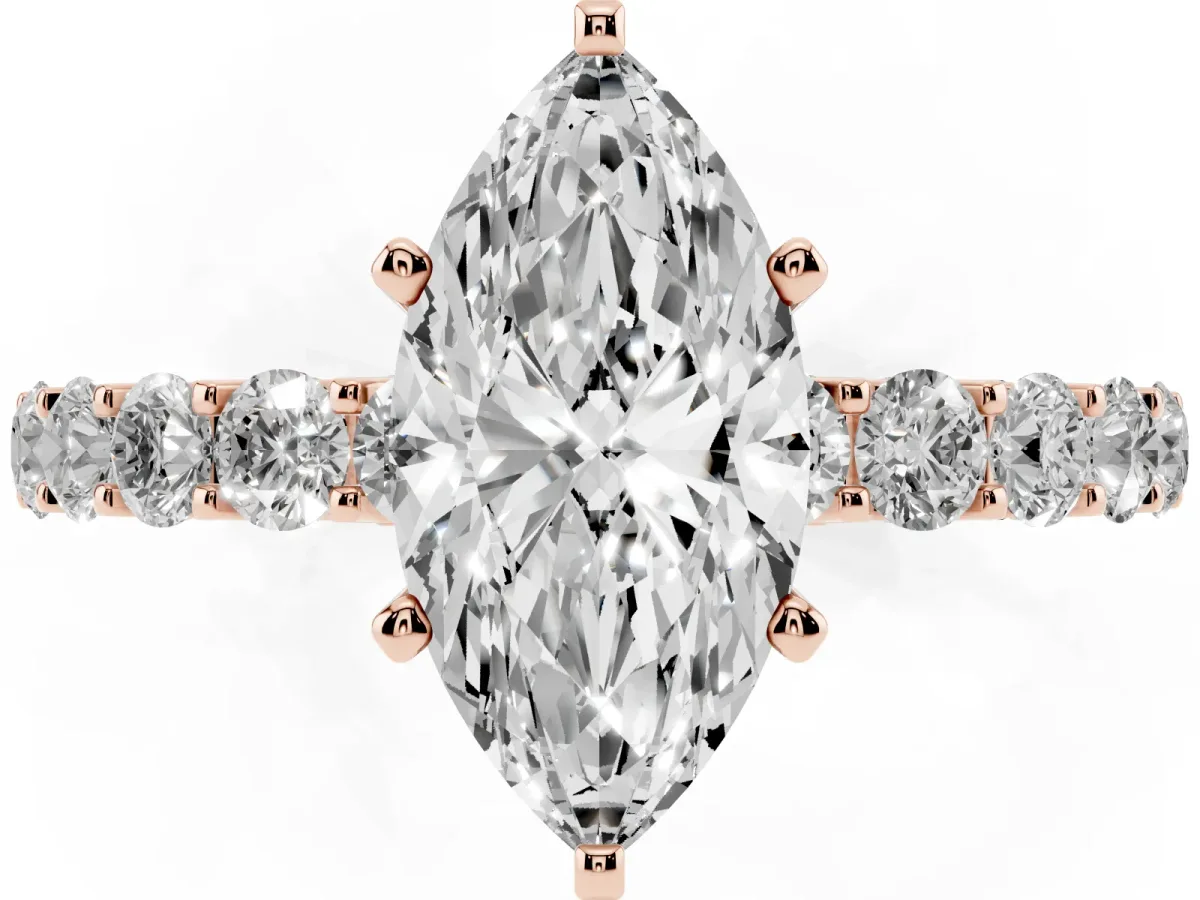 Marquise Cut Diamond Solitaire Ring with Shared Prong Pavé Band and Four-Prong Setting Rose gold