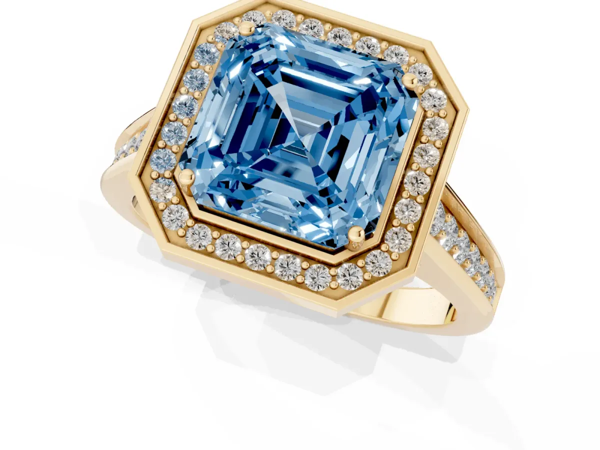 Fancy Blue Asscher Cut Halo Solitaire Diamond Ring with Pave Band and Bezel Setting Yellow gold