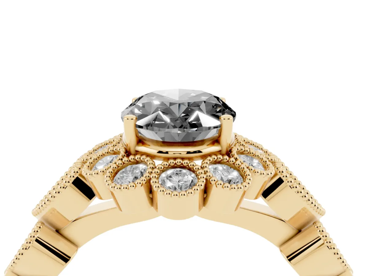 Fancy Black Oval Cut Brilliant Milgrain Pave Heart Band Solitaire Ring Yellow gold