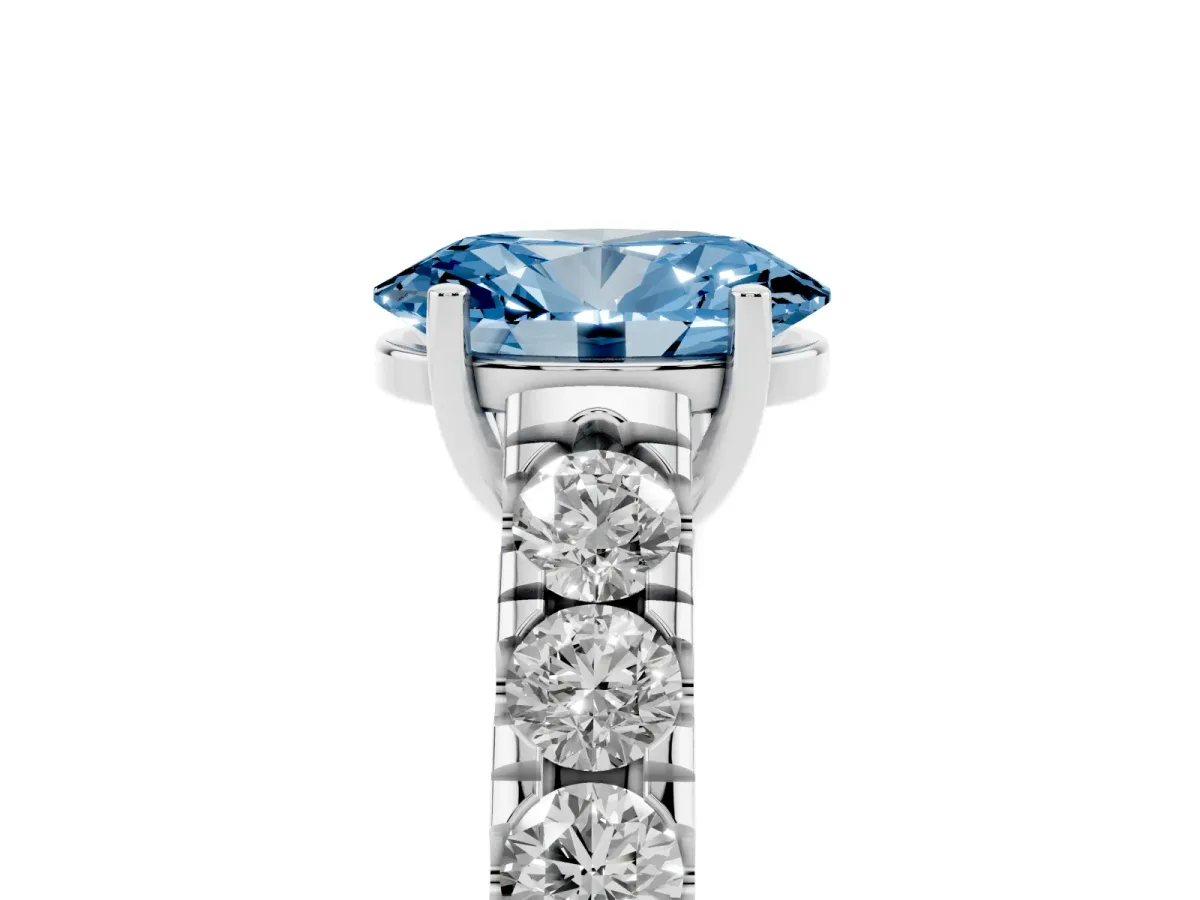 Fancy Blue Oval Cut Cut Diamond Solitaire Ring with Micro Pave Band and Prong Setting Silver