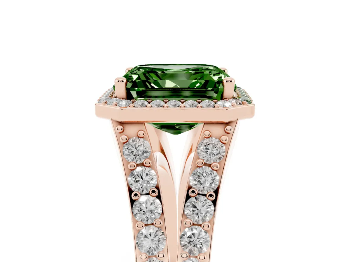 Fancy Green Asscher Cut Diamond Split Shank Halo Ring with Four-Prong Setting Rose gold
