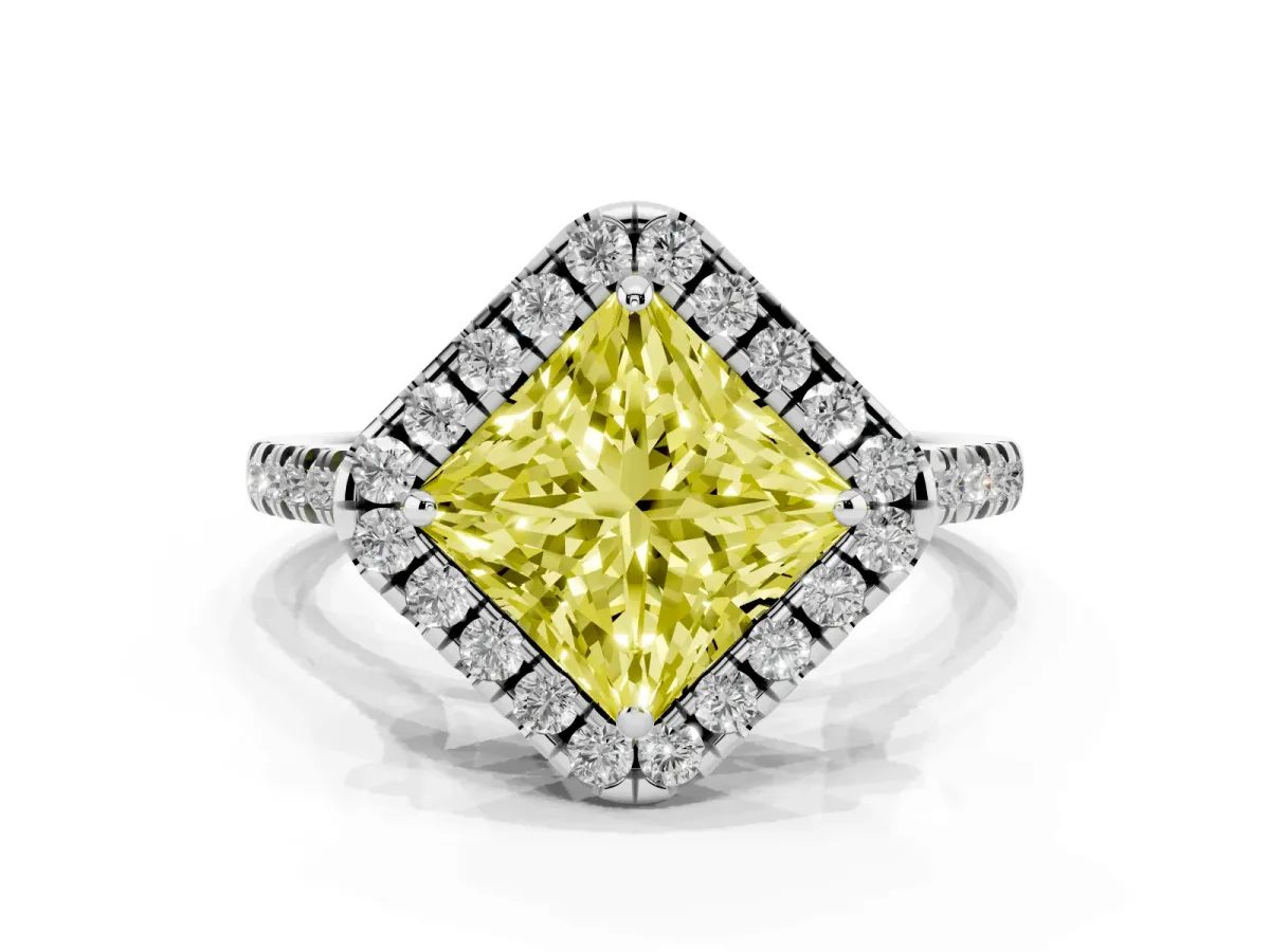 Fancy Yellow Princess Cut Diamond Cushion Halo Ring with Pavé Band White gold