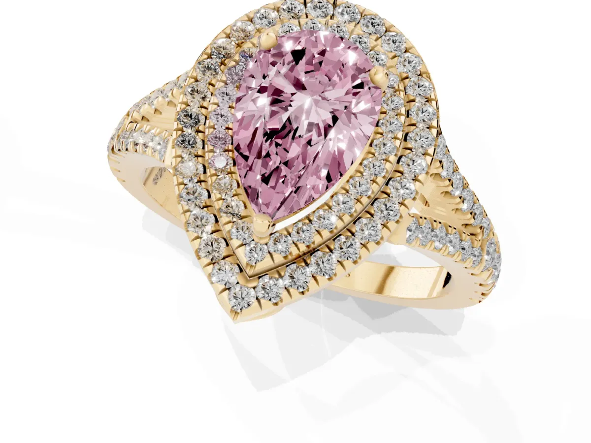 Fancy Pink Pear Cut Diamond Double Halo Ring with Pavé Band and Prong Setting Yellow gold