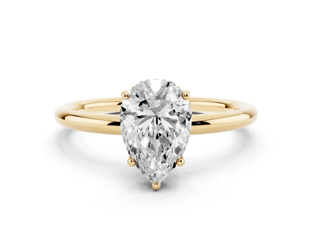 Pear Cut Solitaire Diamond Ring with a Classic Band and Four-Prong Setting Yellow gold