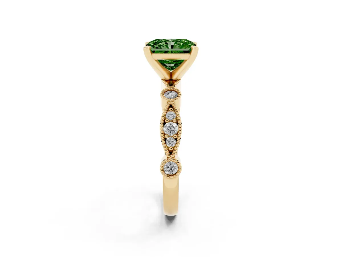 Fancy Green Radiant Cut Milgrain Bezel Diamond Engagement Ring with Solitaire Prong Setting Yellow gold