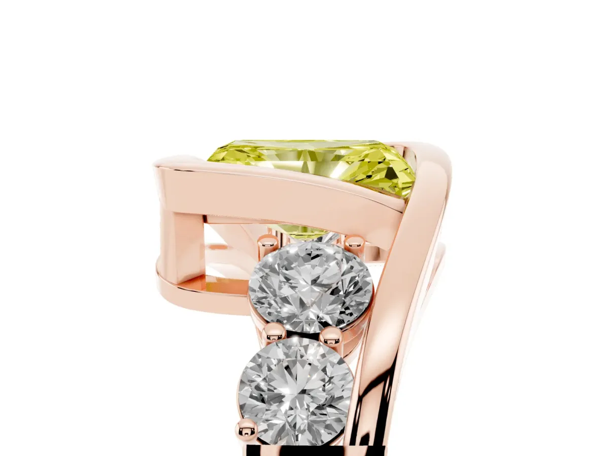 Fancy Yellow Bezel Set Radiant Cut Diamond Bypass Ring with Round Accents Rose gold
