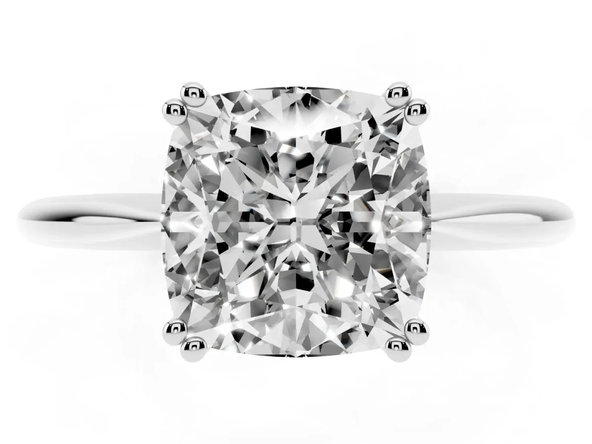 Cushion Cut Solitaire Diamond Ring with Six-Prong Setting and Classic Band Silver