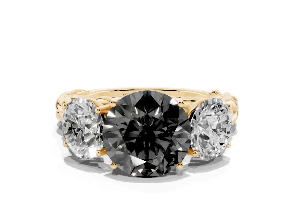 Fancy Black Three-Stone Round Cut Diamond Braided Band Ring with Four-Prong Setting Yellow gold
