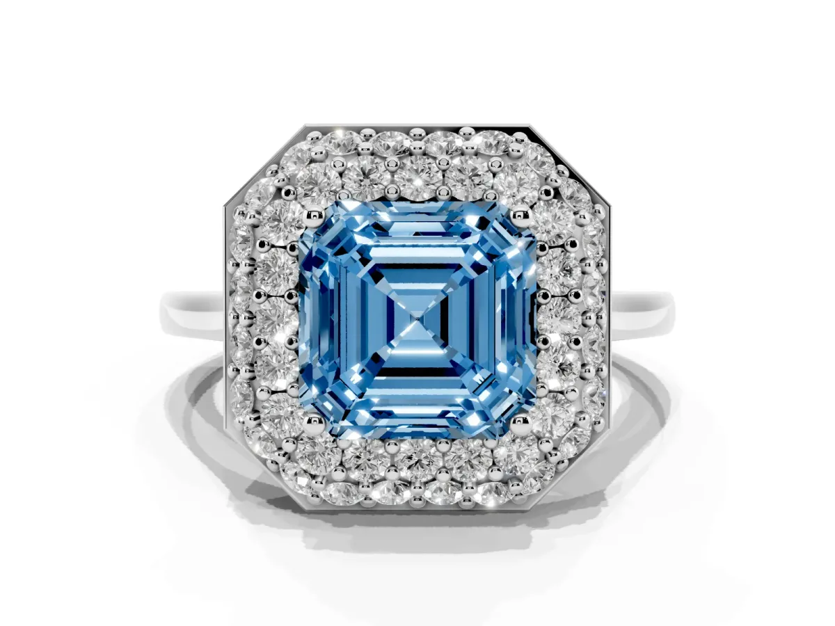 Fancy Blue Asscher Cut Halo Diamond Engagement Ring with Solitaire Band and Four-Prong Setting Platinum